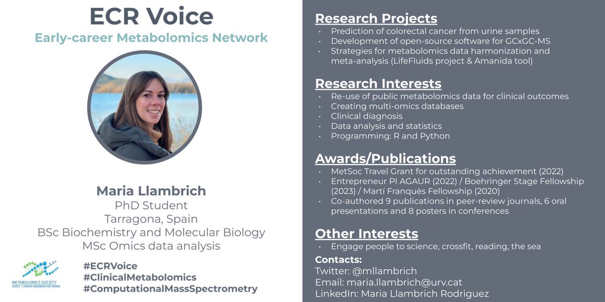 Introducing <a href="/mllambrich/">Maria Llambrich</a> for #ECRVoices
Maria is working on #ClinicalMetabolomics and she is based in Tarragona, Spain 🇪🇸