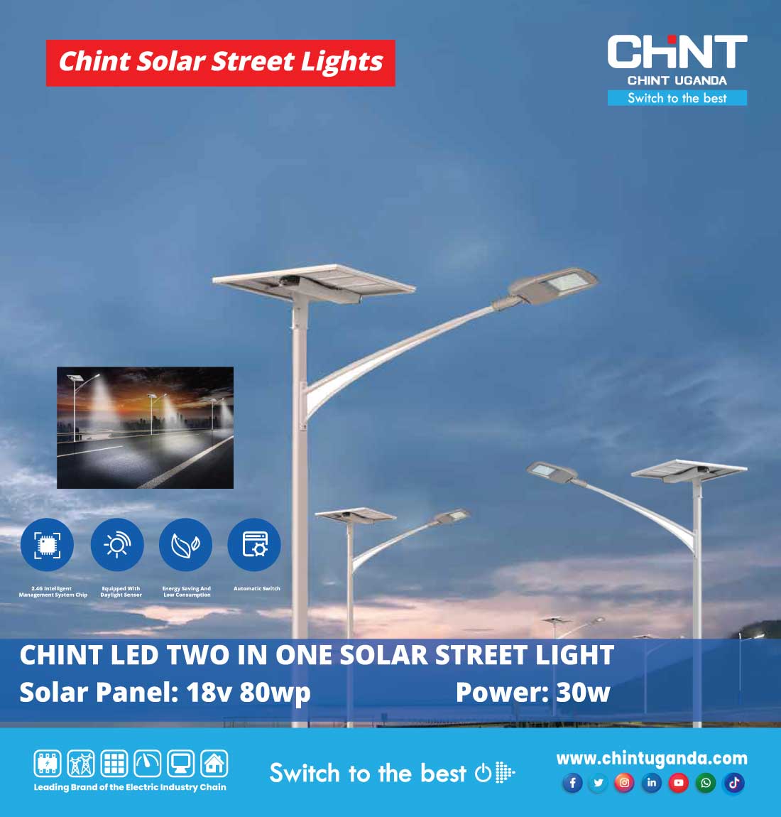 ChintUganda's tweet photo. CHINT  Solar Street light consists of solar panels, battery (lithium battery/GEL battery), controller, LED lamp and lamp base, bracket, lamp pole, floor cages, etc.
#chintsolarstreetlights
#chintlightingsolution
#chintuganda https://t.co/vKfO3ACSZ2