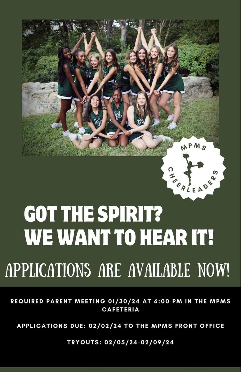 HornetBuzzMPMS's tweet image. MPMS Cheerleader 2024-2025 Tryout News:
There will be a mandatory parent meeting on January 30th for anyone that is interested. Please email aestes@huntsville-isd.org or amaskew@huntsville-isd.org for more information.
#MPMS2025 #CheerMPMS #HornetNation