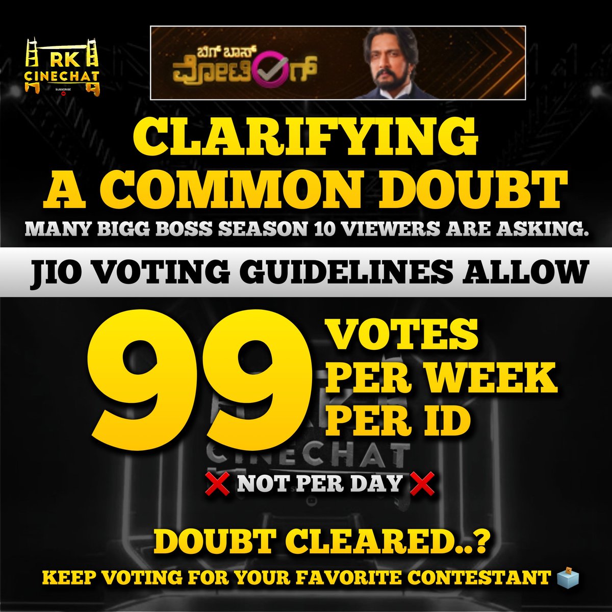 Your Question Answered..

#BBK10 Audience: @JioCinema Voting Guidelines allow
'99 VOTES / WEEK / ID'. ✅
not per DAY. ❌

Spread the WORD.
VOTE FOR YOUR FAVORITE CONTESTANTS 

#BBKSeason10 #BBKOnJioCinema
@ColorsKannada @KicchaSudeep