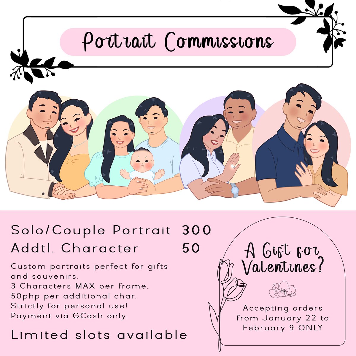 RTs & likes are appreciated 💖   

★ GCash C0MMS OPEN! ★  
Limited slots are available. Order form and other links in this thread ✨✨

For more details, custom art or other  inquiries, message me via email:  
 janigmatic@gmail.com 