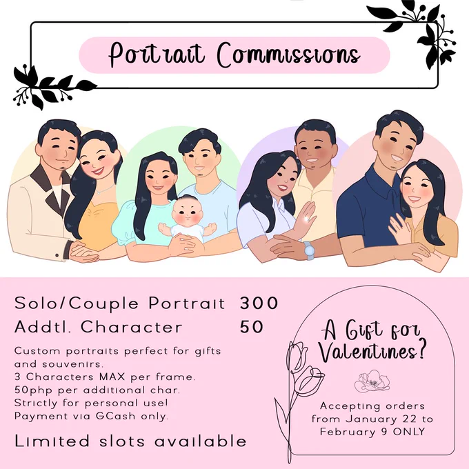 RTs &amp; likes are appreciated 💖   

★ GCash C0MMS OPEN! ★  
Limited slots are available. Order form and other links in this thread ✨✨

For more details, custom art or other  inquiries, message me via email:  
 janigmatic@gmail.com 