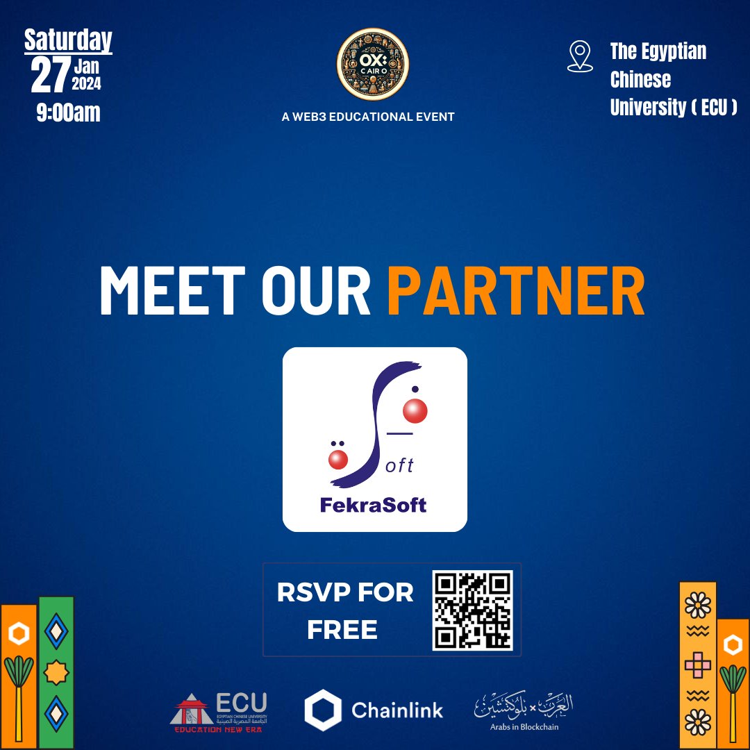 ArabsInBC's tweet photo. We are glad to have Fekrasoft as #0xCairo partner.🎉

Fekrasoft, a leading IT services company since 2001, provides high-quality, ahead-of-the-curve software solutions globally.  
Register here
https://t.co/BICPAoF25k
Join our community
https://t.co/FYqoJZtq3c

 #ChainlinkInEgypt https://t.co/zfVfz28xQv