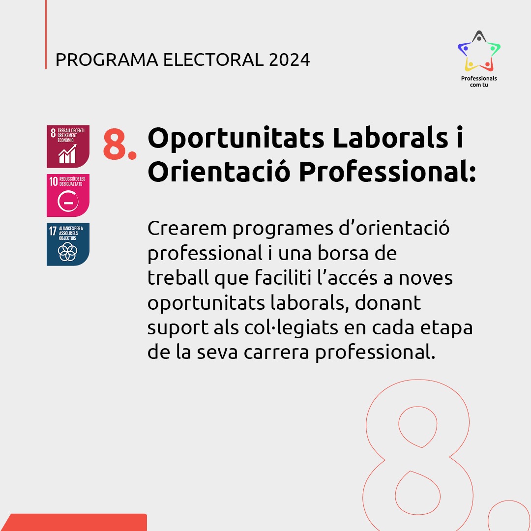 📢 Continuem amb el nostre programa electoral!
7️⃣ Beneficis i Serveis Exclusius per a Col·legiats: 
8️⃣ Oportunitats Laborals i Orientació Professional: 
🔍 Estigueu atents per més punts i membres de la candidatura.
#ProfessionalsComTu #COPLEFC2024 #ProgramaElectoral 🗳️💪✨