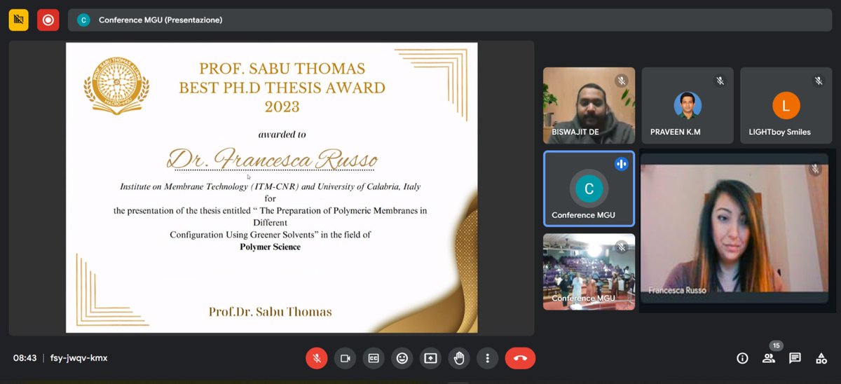 itmcnr's tweet photo. @RussFrancy  received the Prof Sabu Thomas Best PhD Thesis Award in the field of Polymer Science and Technology (Mahatma Gandhi University, India) for the best thesis on Polymeric Membrane Preparation using Greener Solvents 
@CNRsocial_ #sabuthomas https://t.co/HtUsCAguNm
