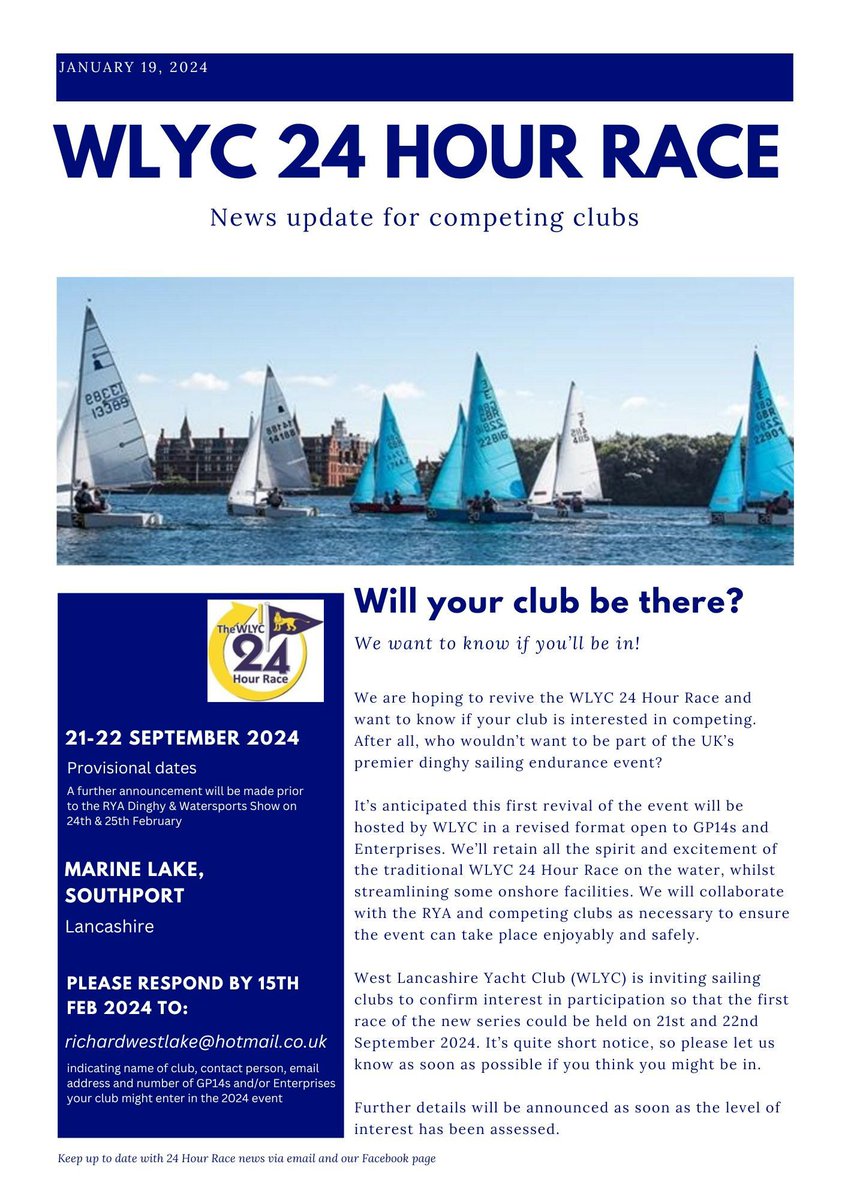 RYA Midlands (@ryamidlands) on Twitter photo Remember the 24 Hour Race? West Lancashire YC hopes to revive this iconic event on 21/22 September 2024 but wants to assess the level of interest before confirming & opening entry. If your club or class is keen, please let the club know by emailing richardwestlake@hotmail.co.uk Remember the 24 Hour Race? West Lancashire YC hopes to revive this iconic event on 21/22 September 2024 but wants to assess the level of interest before confirming & opening entry. If your club or class is keen, please let the club know by emailing richardwestlake@hotmail.co.uk