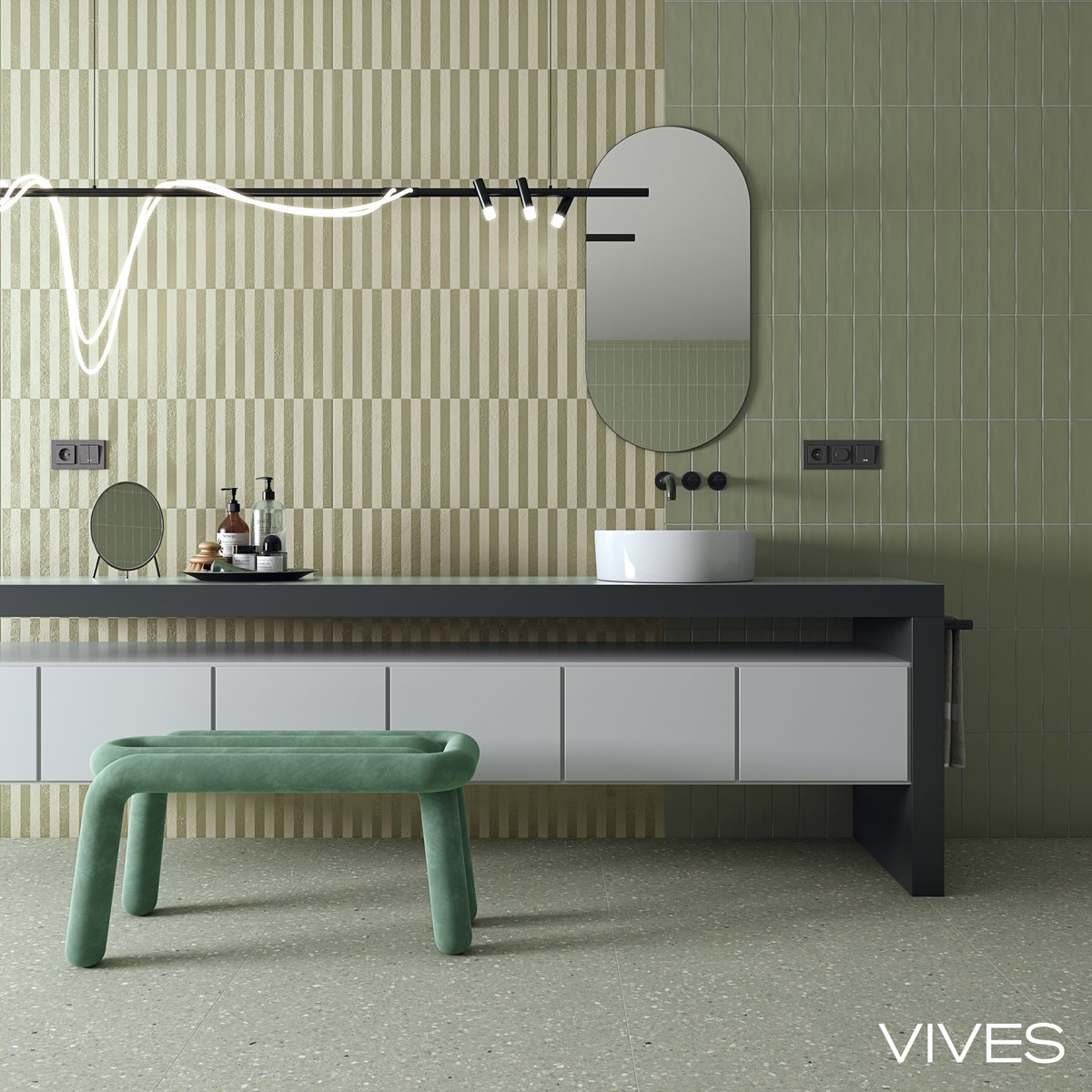 VIVESCeramica's tweet photo. Vertical geometry in shades of green with the wall tile Zouk-R Verde Bronce Oxidado 32x99 cm, from the Ritmo collection. https://t.co/H2AIF8QRSk #vives #tilelovers #walltiles #paredes #bathroomtiles https://t.co/iRrSBnvLtl