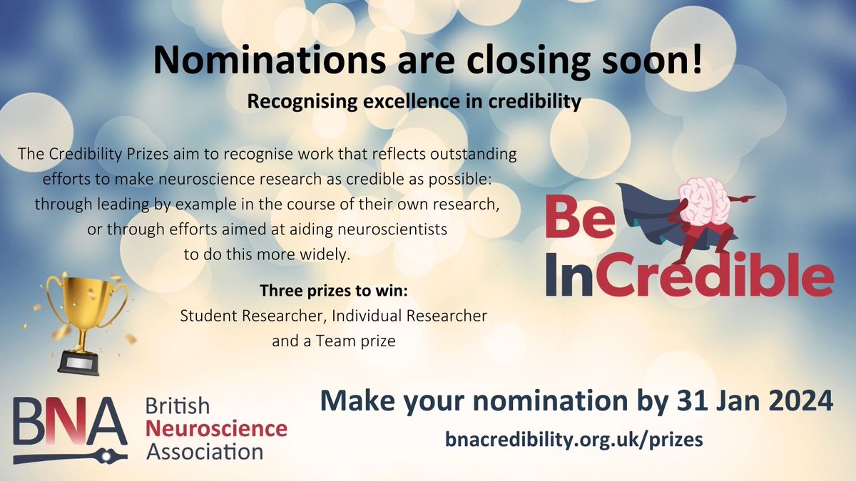 BritishNeuro's tweet photo. Make your nominations now! The BNA's Credibility in Neuroscience award nominations are closing soon. If you know someone who's made extra steps in their research to strengthen the credibility of their study, nominate them now!
https://t.co/PnJsCx5lTv https://t.co/8NqK7C3DuV