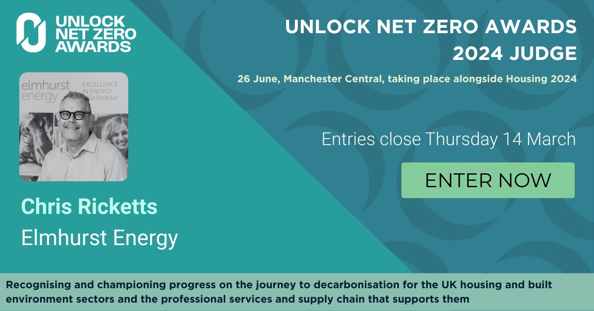 Elmhurst's Chris Ricketts has been announced as one of the Judges at this year's @UnlockNetZero Awards, taking place at  #Housing2024 in June. You can start your FREE entry for these important awards today: ow.ly/z1nQ50Qs25V

#awards #ukhousing #netzero #netzeroawards