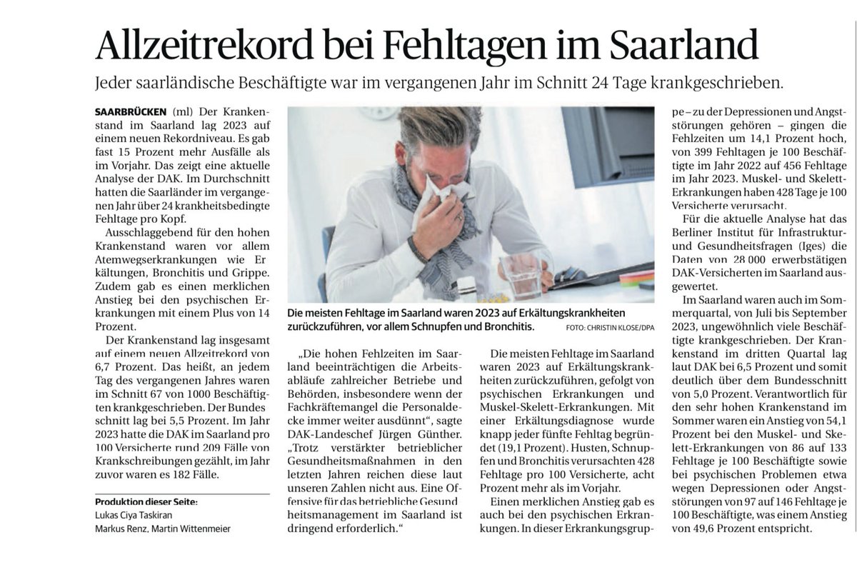 Heute Tagesthema in der Saarbrücker Zeitung: Allzeitrekord bei den Fehltagen im #Saarland. #Krankenstand @DAKGesundheit @JrgenGnther8 @MichGrein