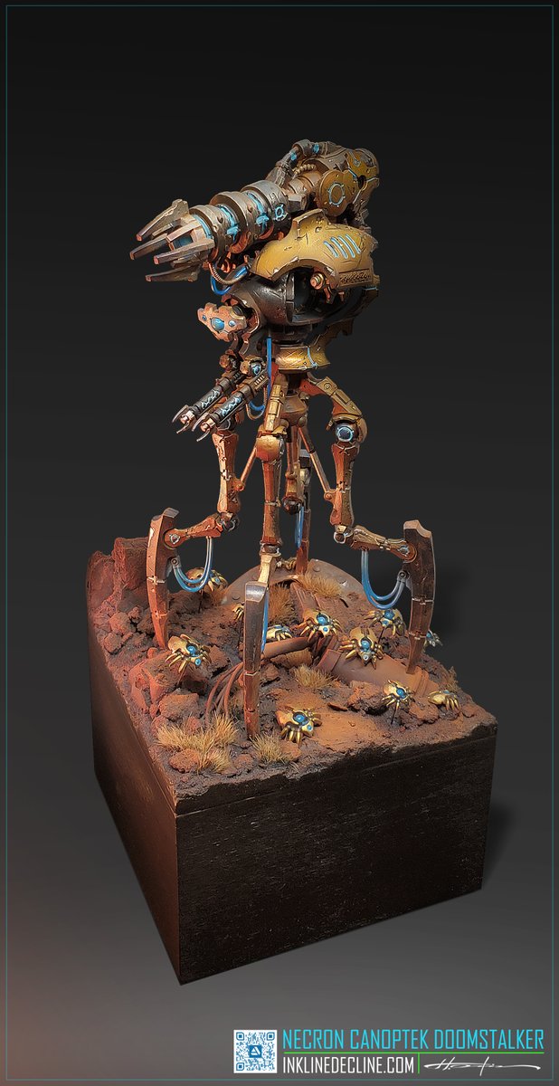 Another in the "things I do to relax after work" series. This is a little Necron Canoptek Doomstalker diorama I did a while ago, but didn't had the chance to share. It has some contrast, sharpening retouch and a photoshoped background.

#hectorortiz #diorama #wh40k