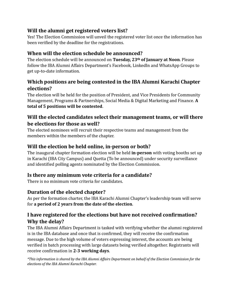 IBAAlumni's tweet photo. The IBA Alumni Karachi Chapter elections are underway. Alumni have questions and they need answers. Here are some popular questions and their responses.

If you have any questions or feedback please forward them to alumni@iba.edu.pk to share with the EC. https://t.co/qBEGio0DF3