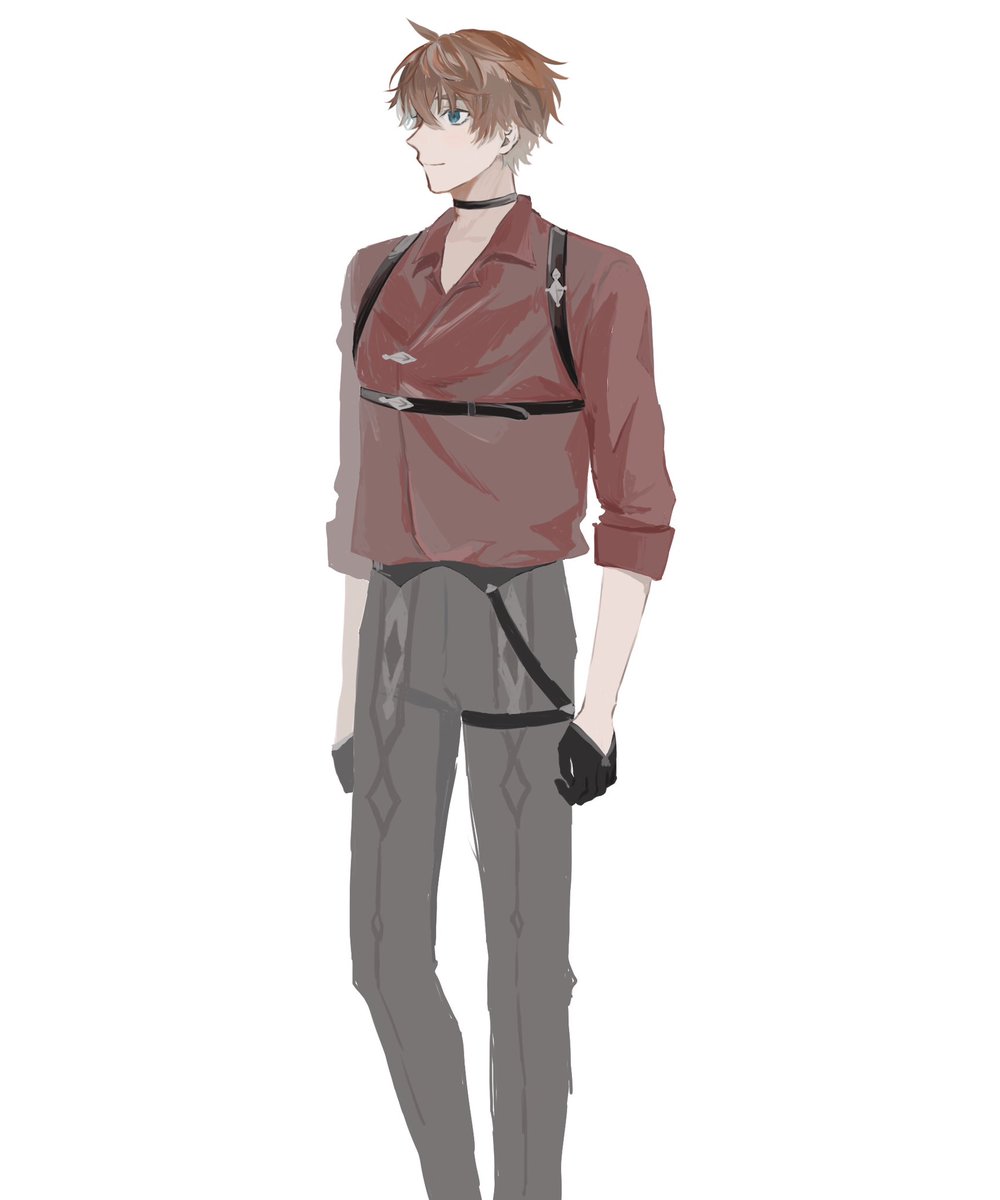 tartaglia (genshin impact) 1boy male focus solo red shirt gloves shirt pants  illustration images