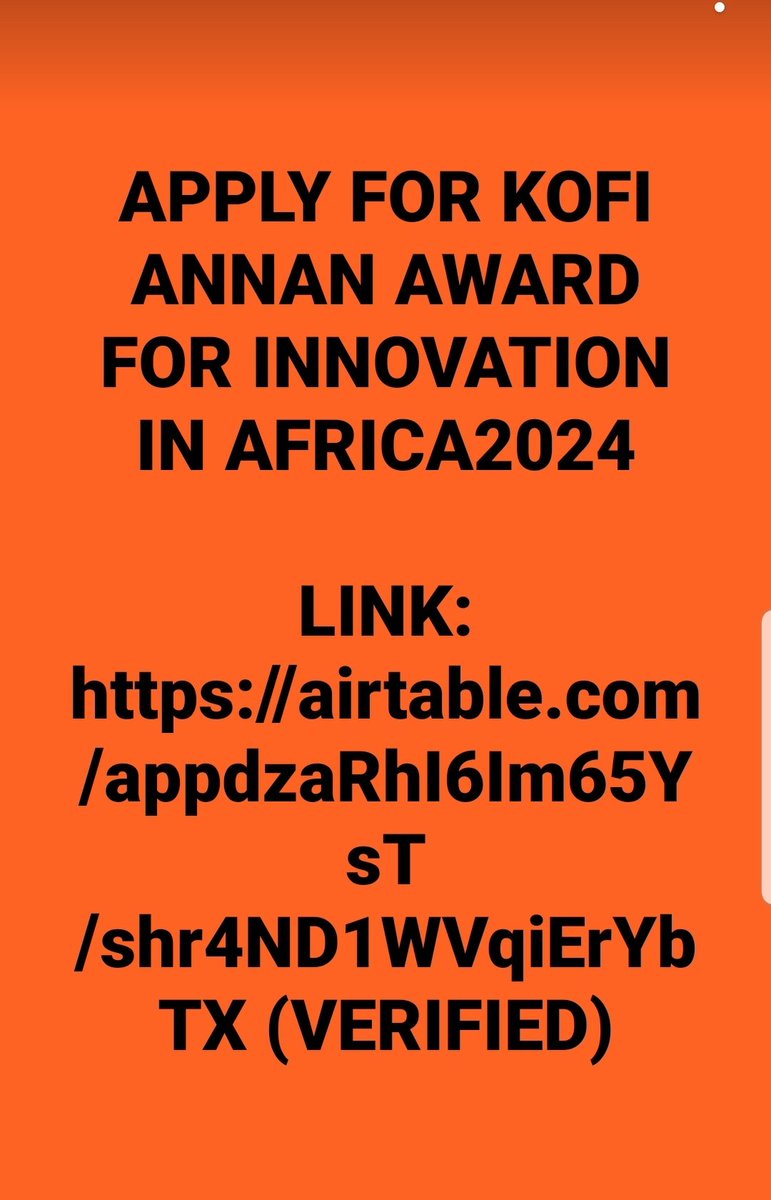 APPLY FOR KOFI ANNAN AWARD FOR INNOVATION IN AFRICA2024

LINK: airtable.com/appdzaRhI6Im65… (VERIFIED)