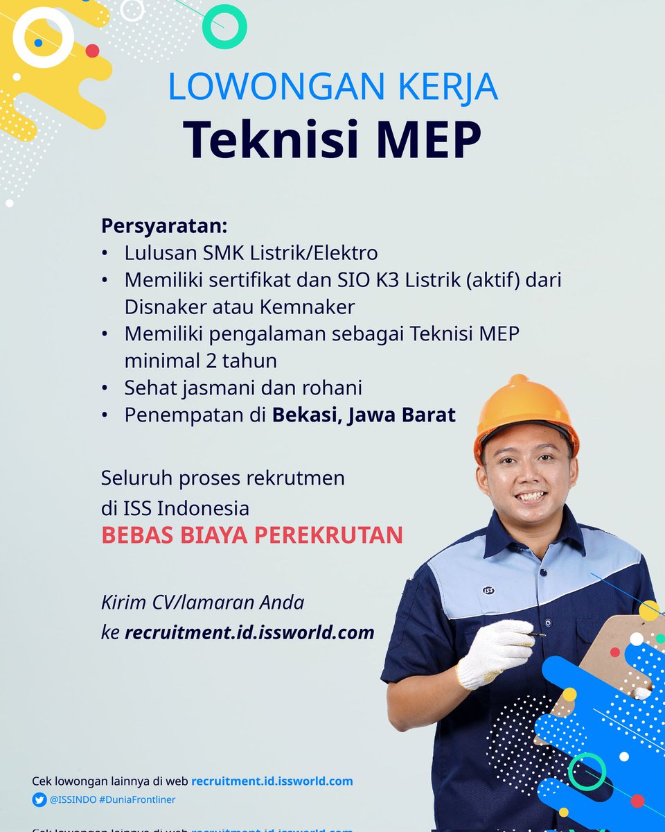 ISSINDO's tweet photo. Siang Sobat Frontliner yang ada di daerah Bekasi, Jawa Barat! Buat kamu lulusan SMK Listrik/Elektro, mimin ada info loker sebagai Teknisi Mekanikal, Elektrikal dan Plumbing (MEP) nih! https://t.co/DNYCucpv4Q