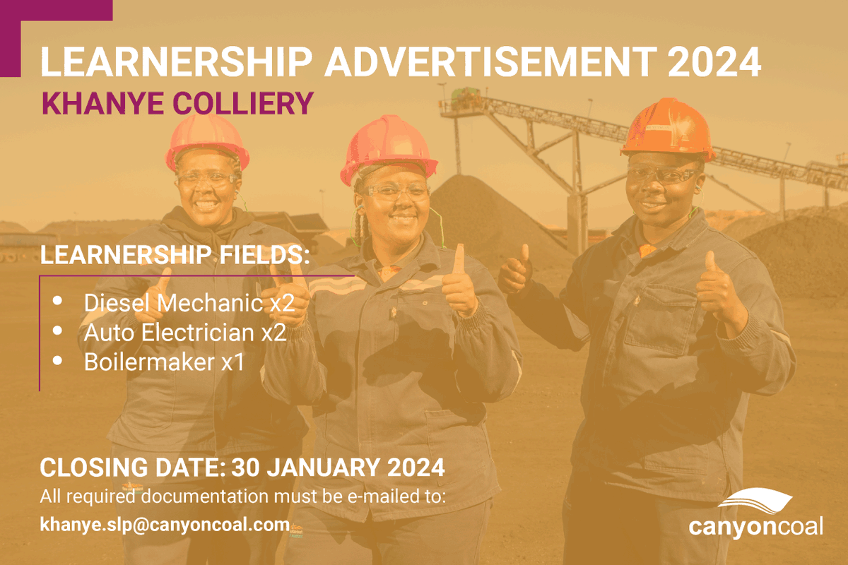 canyoncoal's tweet photo. Khanye Colliery learnership applications for 2024 are now open.
Download the application form and read more: https://t.co/lMINwdPkc9 ...……
Closing date: 30 January 2024 #learnership #Khanye #canyoncoal #menar https://t.co/wHXnCMGLo0