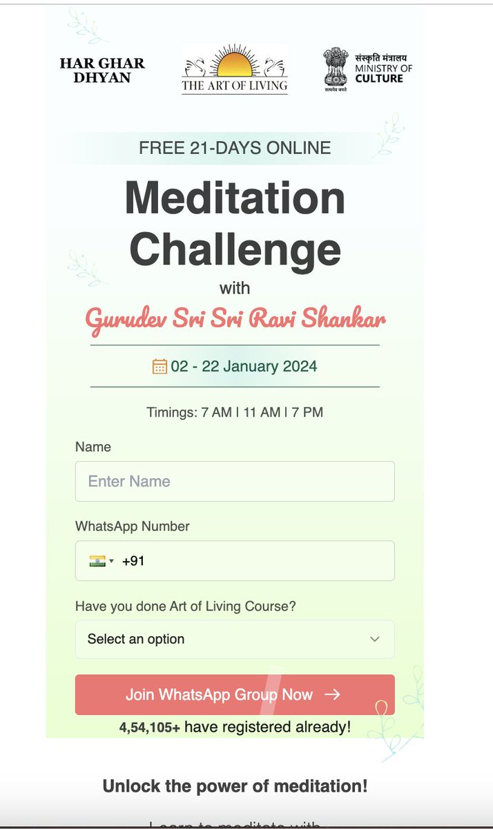 Excited to share my experience working on the 21daymeditation.in project by Gurudev <a href="/SriSri/">Gurudev</a>  Ravishankar Ji, where I built the entire tech infrastructure.

More than 450K people joined this challenge, with over 100K people joining every day across various batches and more