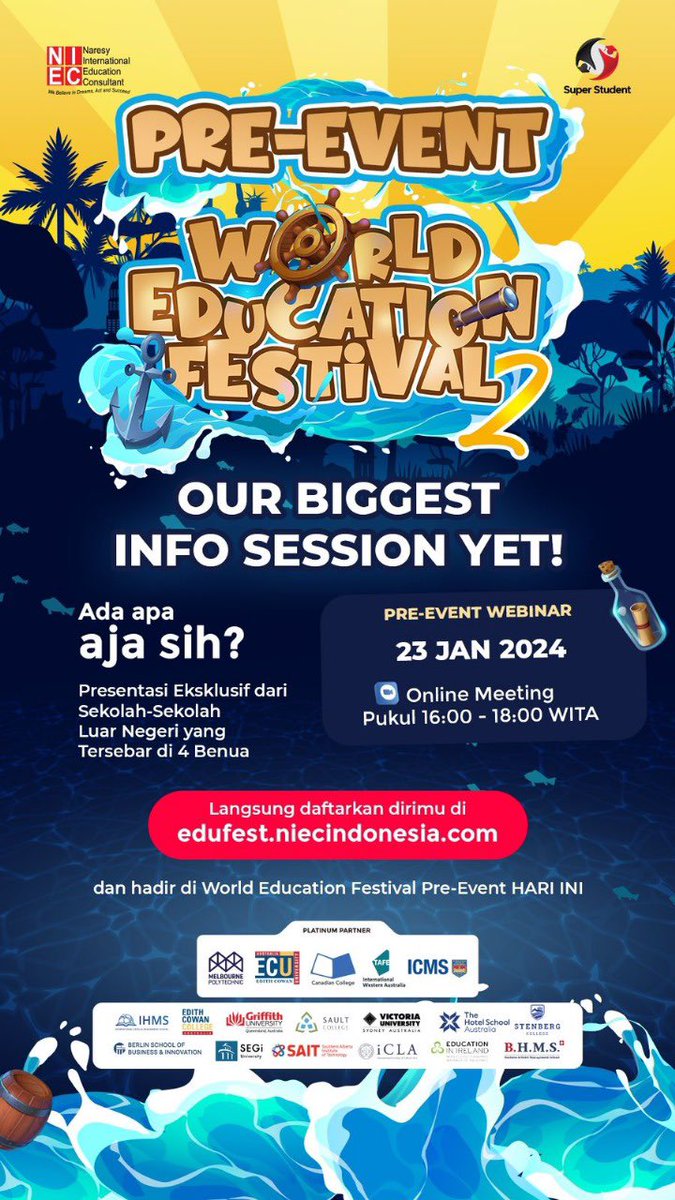 Masih bingung mau sekolah di negara apa? Mau cari beasiswa tapi gak tau harus mulai dari mana? Bisa gak sih kuliah sambil kerja?

Langsung daftarkan dirimu di edufest.niecindonesia.com dan hadir di World Education Festival Pre-Event *HARI INI*

Dream, Act, Succeed.