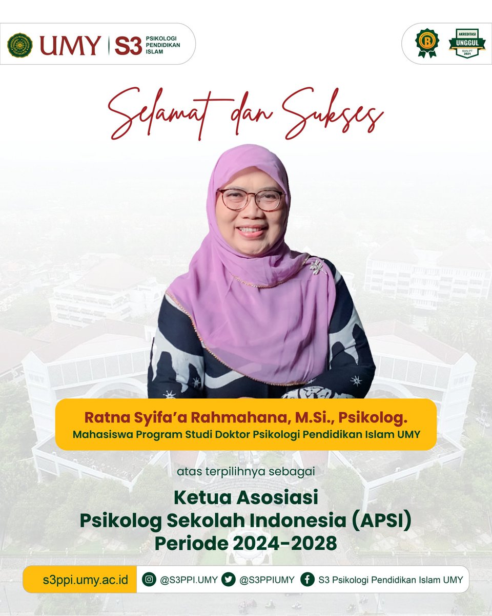 Program Studi Doktor Psikologi Pendidikan Islam mengucapkan selamat dan sukses kepada mahasiswa Ratna Syifa'a Rachmahana,M.Si., Psikolog. Atas terpilihnya sebagai Ketua Asosiasi Psikolog Sekolah Indonesia (APSI) Periode 2024-2028.
#umyyogya 
#PSDPPI