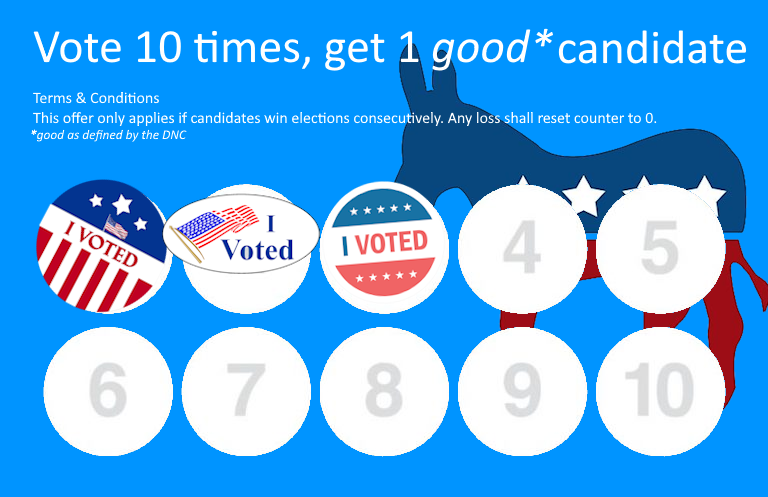 DeScruff's tweet image. This will be 3 Presidential election cycles of "Lesser Evil".

... When do we get a "good" candidate that people actually like? 
Do you gotta collect 10 "I Voted" stickers on a loyalty card or something?