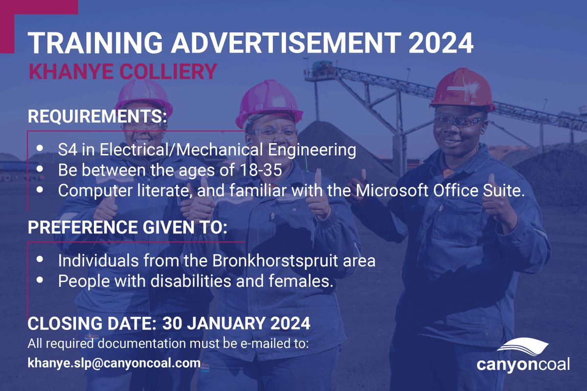 canyoncoal's tweet photo. Khanye Colliery training applications for 2024 are now open.
Download the application form and read more: https://t.co/2ebYe2dnKN ...……
Closing date: 30 January 2024 #training #Khanye #canyoncoal #menar https://t.co/59xKr2SuZZ