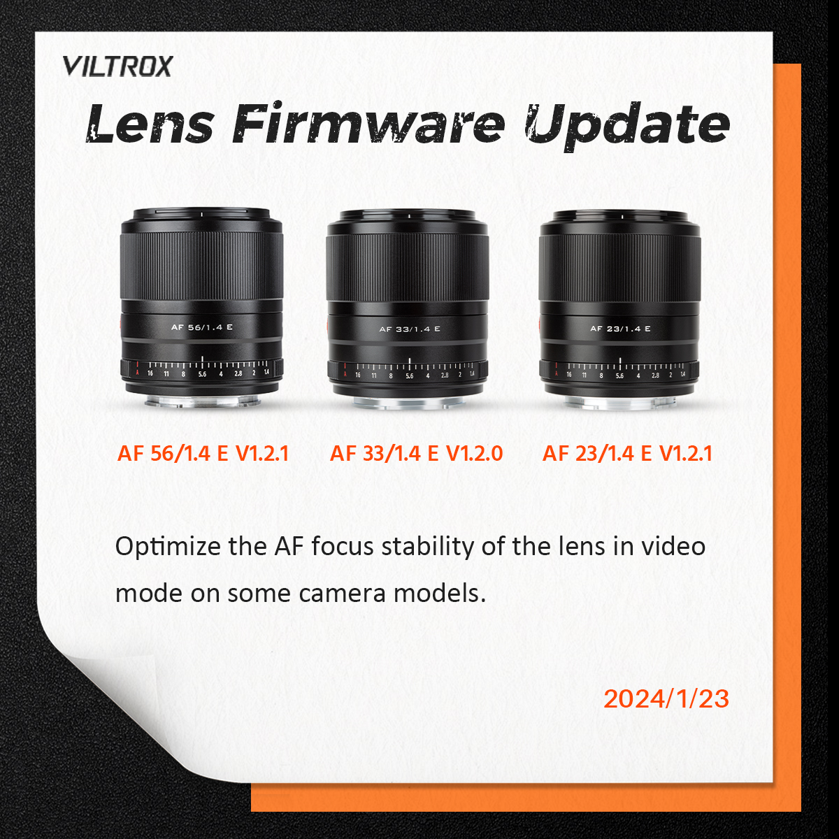 #FirmwareUpdate
📷VILTROX Latest Camera Lens Firmware Update.
AF 23/1.4 E V1.2.1
AF 33/1.4 E V1.2.0
AF 56/1.4 E V1.2.1
================
📷Firmware Download at Viltrox Official Website: viltrox.com/xzzx