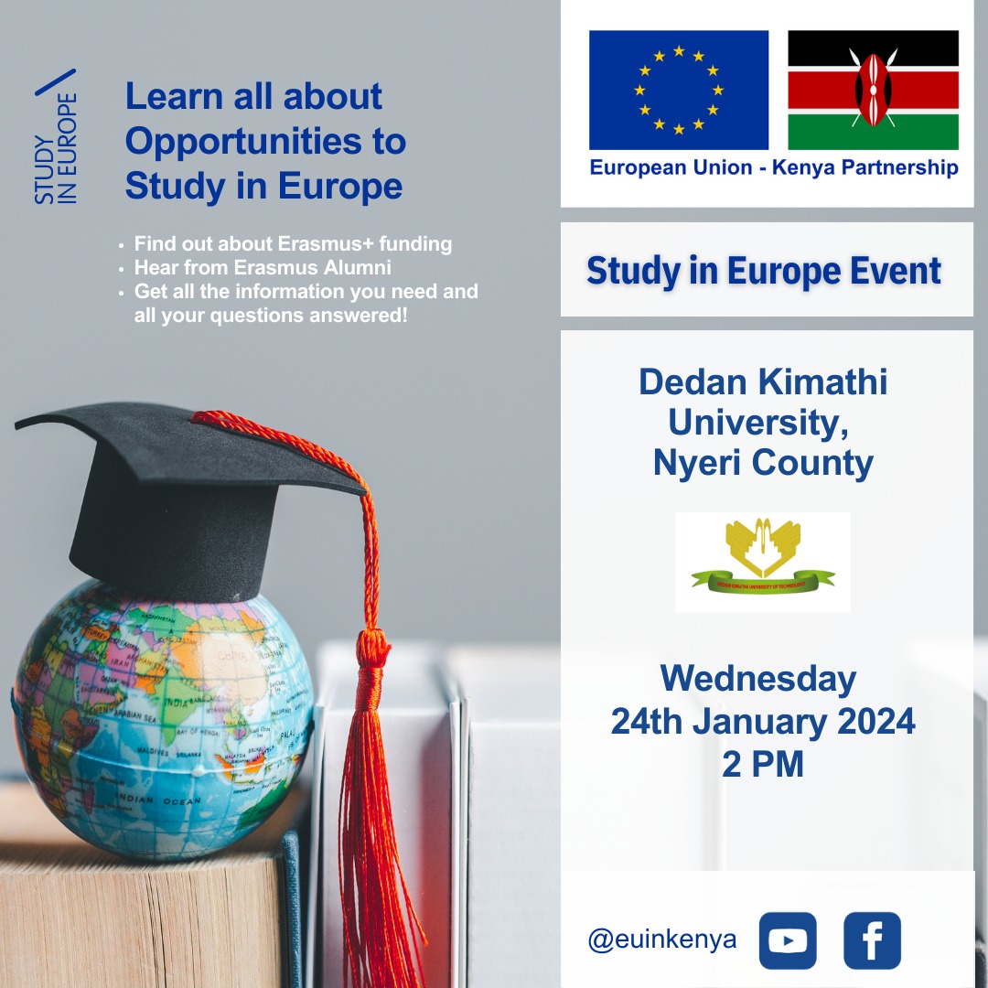 DeKUTkenya's tweet photo. The European Union Delegation to Kenya and some of its Member States will present opportunities for studying abroad that are available to Kenyan students via the EU's Erasmus+ programme and different programmes from the member states.
#EUProgramme #InternationalEducation https://t.co/ix6Sr9bsrw