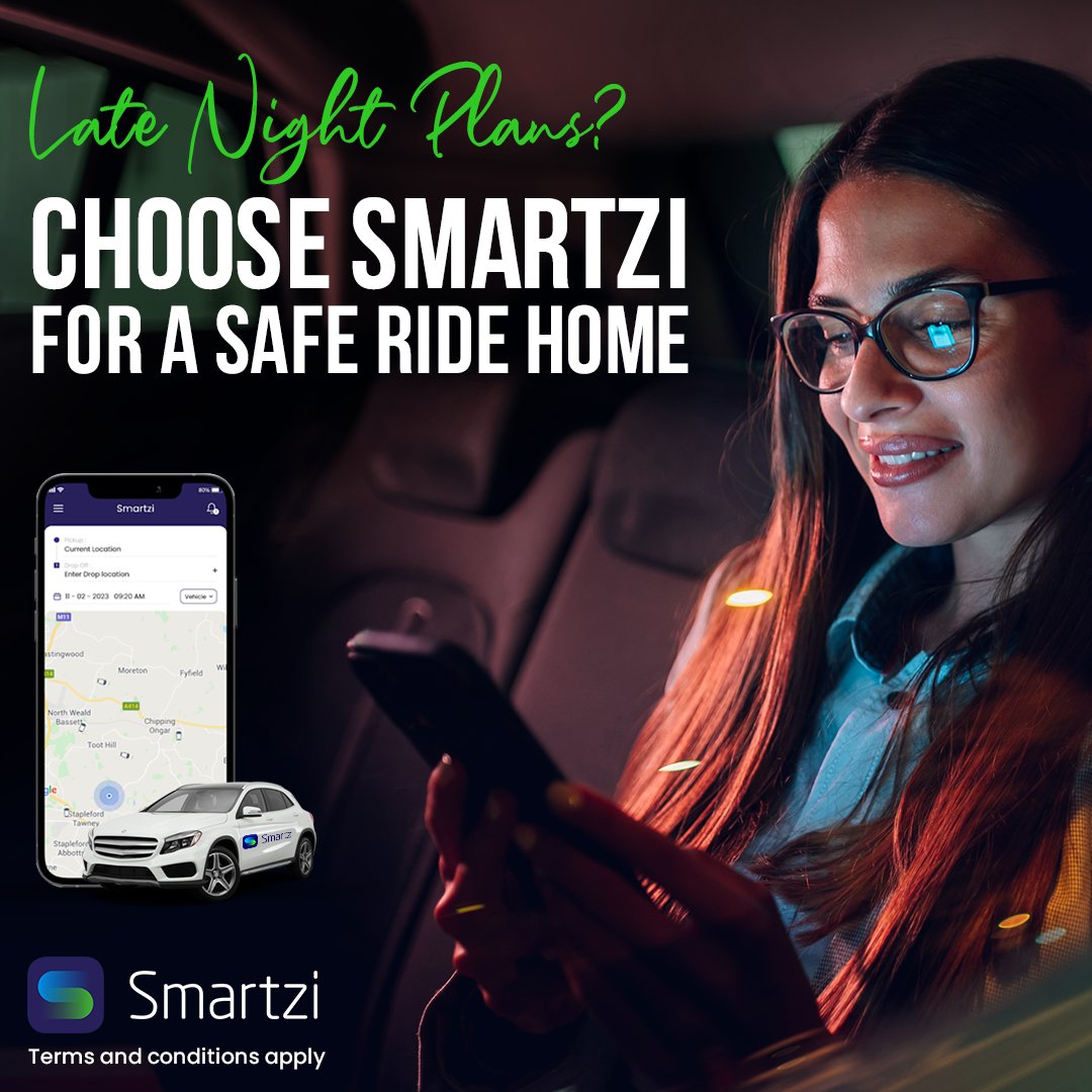 After a night of work or fun, ensure a safe journey home with #Smartzi. We're here to pick you and your friends up, no matter where you are in #Kent! Your safety is our priority. Plan your worry-free nights out with Smartzi!