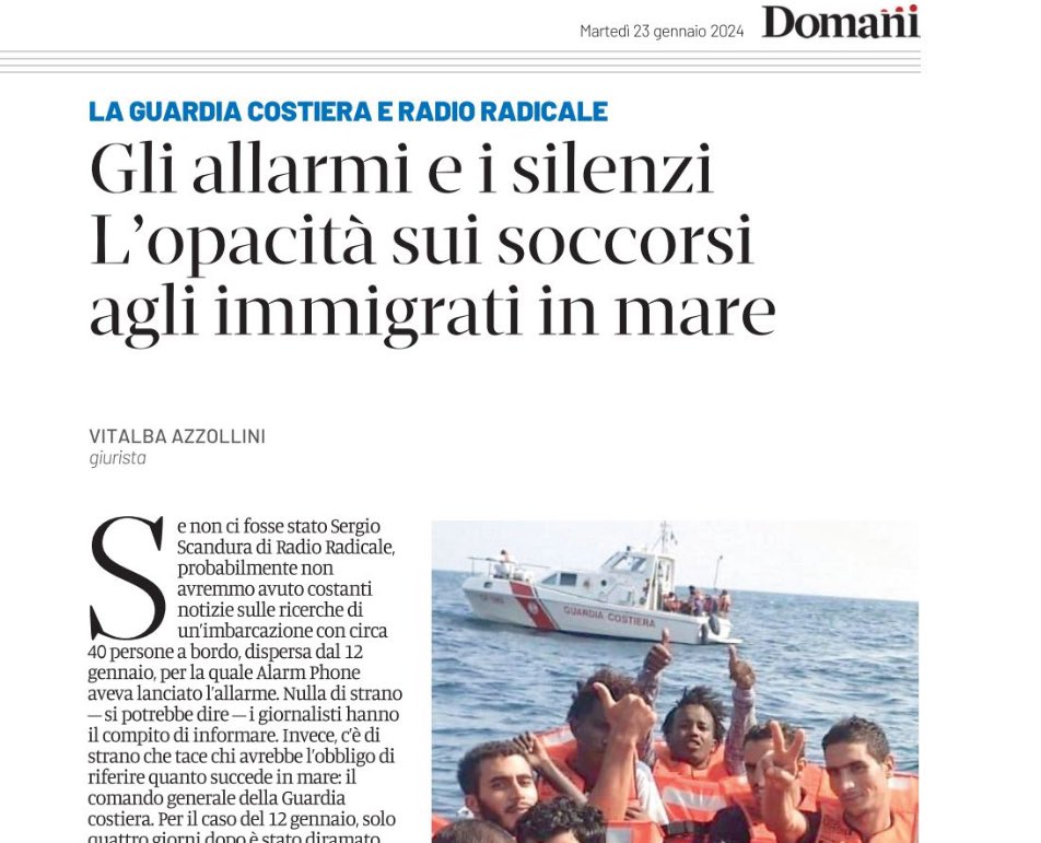 Vitalba Azzollini (@vitalbaa) on Twitter photo LāopacitĆ delle autoritĆ sulle operazioni di ricerca e soccorso in mare. Se non fosse per <a href="/scandura/">Sergio Scandura</a> su <a href="/RadioRadicale/">Radio Radicale</a>, non avremmo informazioni su navi in difficoltĆ .
Se cāĆØ opacitĆ , certe notizie non esistono. E se certe notizie non esistono, accade che un ministro (Salvini) LāopacitĆ delle autoritĆ sulle operazioni di ricerca e soccorso in mare. Se non fosse per <a href="/scandura/">Sergio Scandura</a> su <a href="/RadioRadicale/">Radio Radicale</a>, non avremmo informazioni su navi in difficoltĆ .
Se cāĆØ opacitĆ , certe notizie non esistono. E se certe notizie non esistono, accade che un ministro (Salvini)