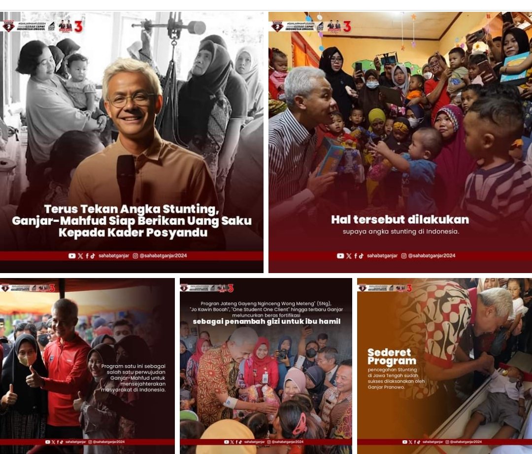 Ganjar-Mahfud berkomitmen akan menurunkan angka stunting di Indonesia ketika mereka menjadi Presiden dan Wakil Presiden Indonesia.

Berbagai program telah disiapkan salah satunya 5Ng yg sukses besar dijalankan ketika Pak Ganjar menjabat menjadi Gubernur Jateng.

#SahabatGanjar