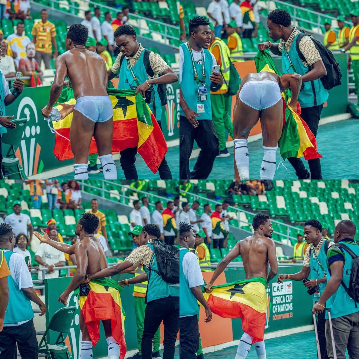 💔💔 💔 In the face of a challenging draw and uncertain qualification, Daniel Amartey removed his jersey and pants for fans, and the Ghana flag became his shield. Daniel Amartey | Dede Ayew | Asamoah Gyan | Olele | Semenyo | #AFCON2023 #AFCON2024 #TotalEnergiesAFCON2023
