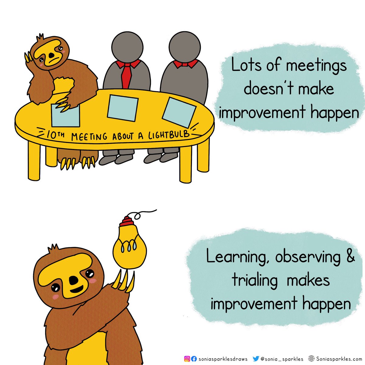 Lots of meetings don’t make change happen at some point it needs to be less about talking on what we’ll do and more on testing/experimenting in practice 

Find the right balance, pace &amp; progress #QI