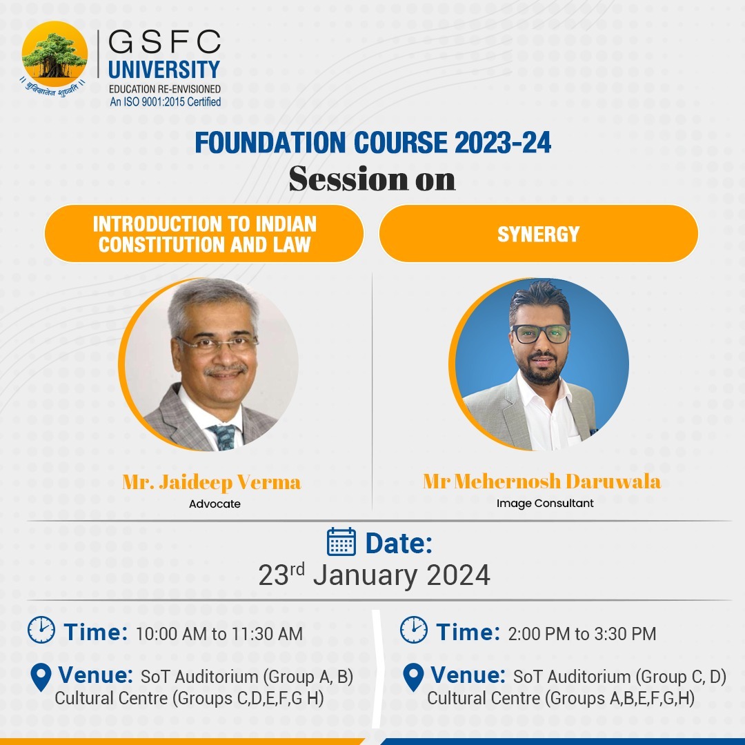 GSFCUniversity's tweet image. After a power-packed session by Mr. Jaydeep Verma, we invite you to join us for an insightful session by renowned Image Consultant, Mr. Mehernosh Daruwala, as he unravels the secrets of &quot;Synergy - The Art of Working in Teams.&quot; 

#FoundationCourse23-24 Broadcast
#Teamwork