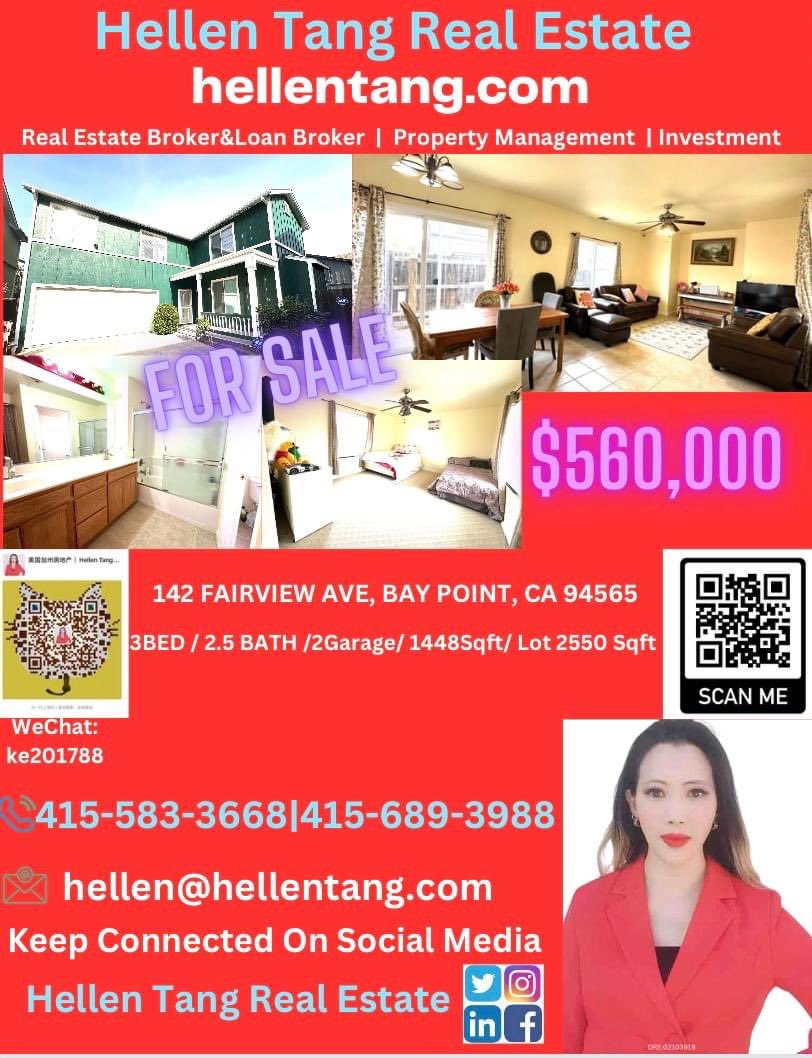 TangEstate's tweet photo. #sanfrancisco #bayarea #singlefamilyhome #forsale at $555,000 now , 3bed 2.5bath single family house @ 142 FAIRVIEW AVE BAY POINT CA 94565 near #bartstation , We #service all #california with different price range #realestate (#residential and #commercial ),for more info please feel free to contact #buying #selling #loan #investment #propertymanagerment your #onestopshop #topagent /broker:
☎️415-583-3668|
+1-415-689-3988 (WhatsApp/Telegram)
📧 hellen@hellentang.com
💻: https://t.co/fUoETlD0q5
WeChat:ke201788
*
*
*
*
*
*
*
*
*
*
*
*
*
#hellentangrealestate #hellentang #hellentongrealestate #hellentong #realestateagent #realtor #loanbroker #loanofficer #ucmrealtor #bayarea #listingagent #buyersagent #Broker #realestatebroker #sanfranciscorealtor #siliconvalleyrealestateagent #propertymanagement #investment #bestdeals #bestpricehouse #houseforsale #1stHomeBuyer #affordable #househunting