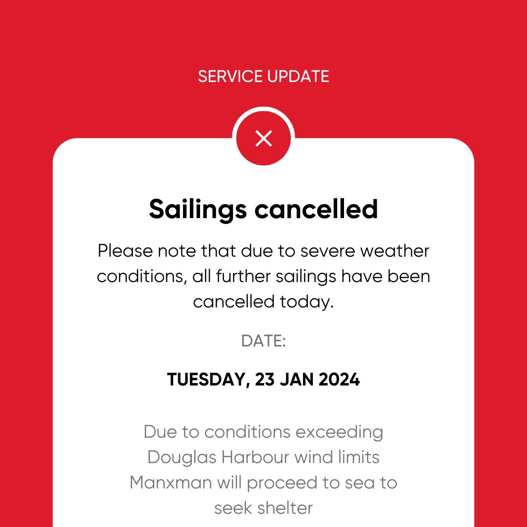 Due to the ongoing strong winds today's sailings will not be going ahead. Forecast has wind speeds exceeding safe limits at both Heysham and Douglas preventing safe entry. steam-packet.com/latestsailings