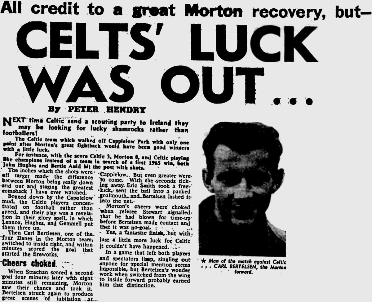 mooneyleon's tweet photo. 23rd Jan 1965
Trailing 3-0 at home to @CelticFC, @Morton_FC staged a great comeback through Bertelsen (2) and Strachan to draw 3-3.
We scored a 'winner' at the end, but the referee blew whilst Bertelsen's shot was goalbound... #dodgyref
@Chrismcnulty75 @1874_ton @Stephen4_2 https://t.co/jntrKJ571t