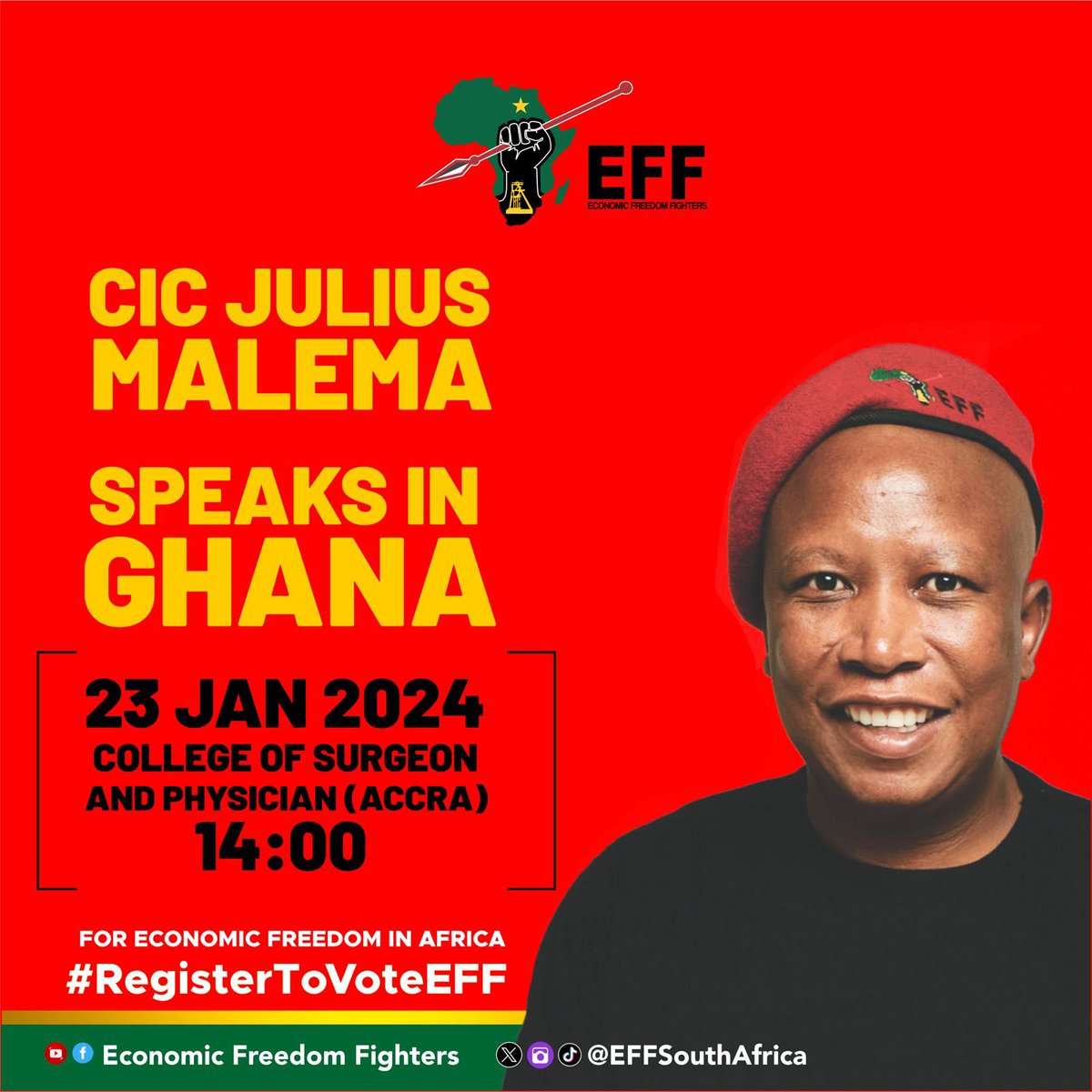 EFFSouthAfrica's tweet photo. ♦️Happening Today ♦️

CIC @Julius_S_Malema will be in dialogue with Arise Ghana today at 14H00.

The future is Economic Freedom In Our Lifetime.

#CICInGhana https://t.co/Mob8jja5um