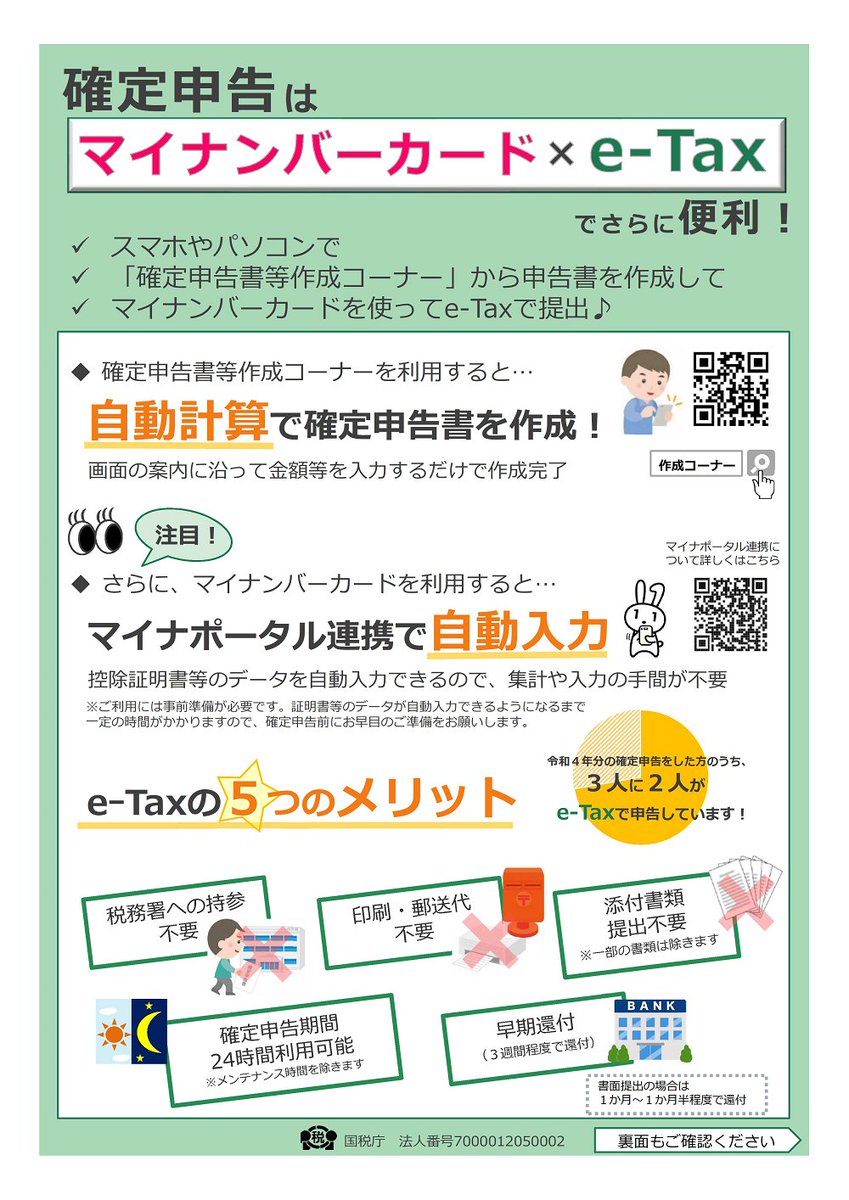 確定申告 はスマホやパソコンでの e-Taxをご利用ください】 国税庁Webサイト「確定申告 書等作成コーナー」から手続きできます。e-Taxの操作方法で不明な点はe-Taxヘルプデスク（電話:0570-01-5901）まで。申告相談はチャットボット（）をご利用ください。  #所得税 #贈与税 ...