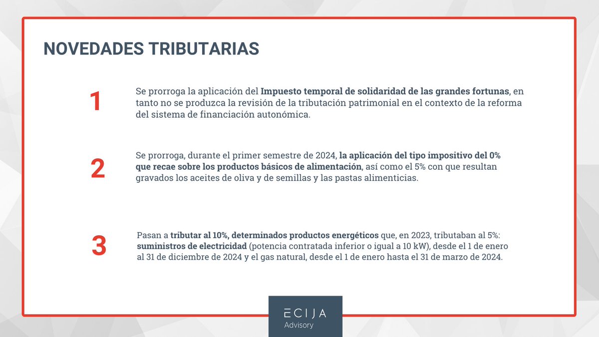 💡 Novedades tributarias
Aprobadas por el Real Decreto-ley 8/2023, de 27 de diciembre (BOE 28 de diciembre)

✏️Texto completo: boe.es/diario_boe/txt… 

#ECIJAAdvisory #NovedadesTributarias #ReformaFiscal #CambiosFiscales2024