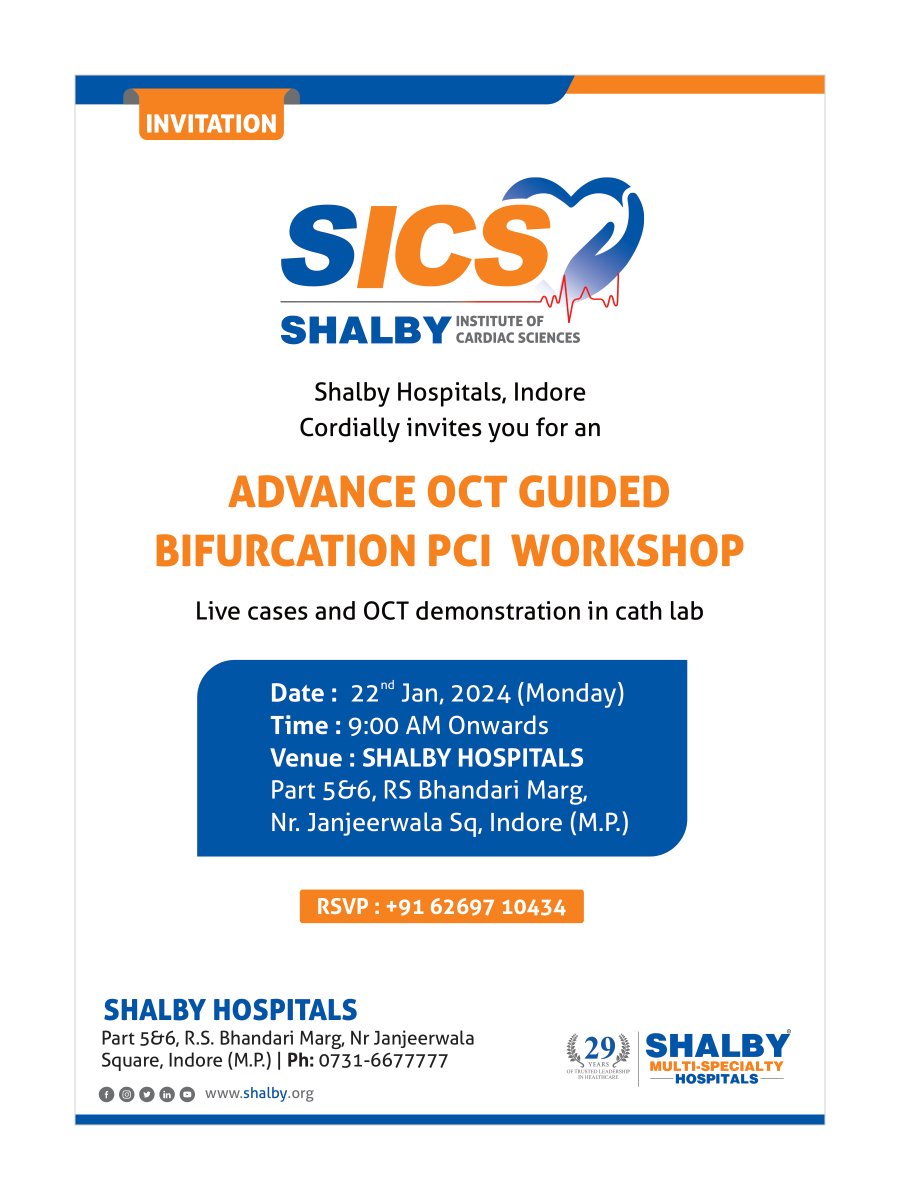 CardiologistInd's tweet photo. Shalby Institute of Cardiac Sciences Indore.

Advance OCT Guided
Bifurcation PCI Workshop

Witness live cases and OCT demonstrations in our state-of-the-art cath lab!
.
.
#CardiacScience #Workshop #MedicalAdvancements  #DrSiddhantJain #CardiologistIndore #Indore #Shelby https://t.co/sKK8pCGrHW