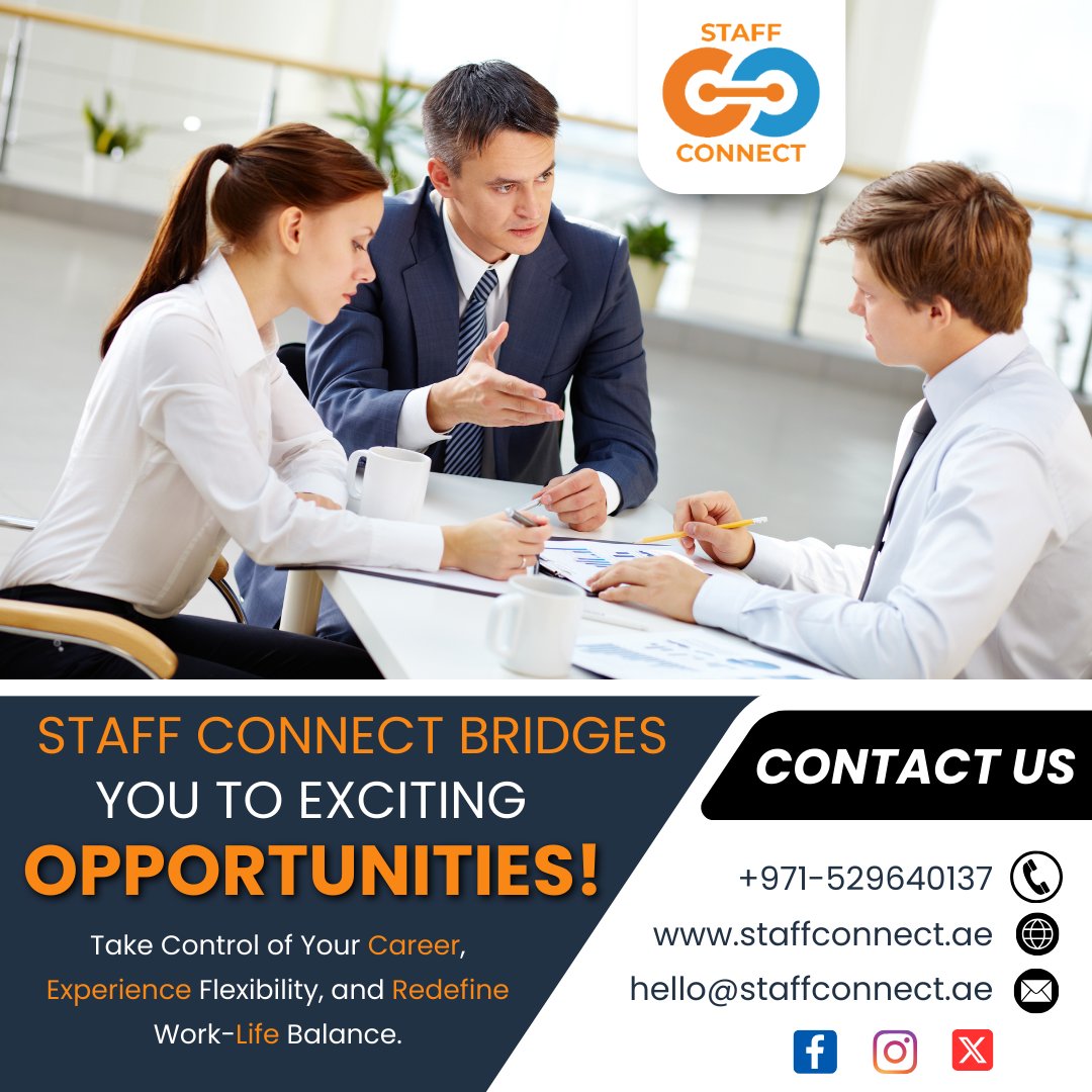 Staff Connect opens doors to exciting opportunities. 

Feel free to contact us:
📱  +971-529640137
🌐  staffconnect.ae
📧  hello@staffconnect.ae

#staffconnectuae #job #careercontrol #careergrowth #jobopportunities #jobsearch #empoweryourcareer #jobsinuae #dubaijobs #uae