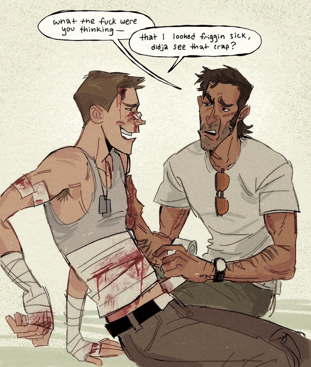 ko-fi request: “Can i get a drawing of Sniper patching up a beat up Scout,? Make it a little gay. Thank you!” #tf2