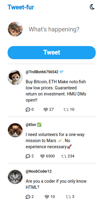 EtherealSh33572's tweet photo. Made a twitter clone with HTML CSS JAVASCRIPT understanding more essentials from js. I'ts frustrating but thats what makes this thing worth it. Keeping the pace up! 💪

https://t.co/v0SWsVzatG https://t.co/XAurYLf9hj