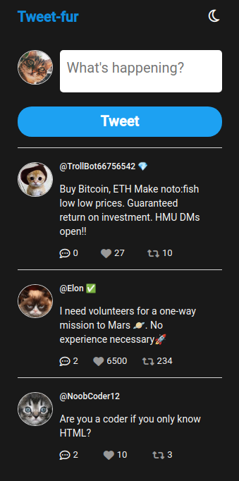 EtherealSh33572's tweet photo. Made a twitter clone with HTML CSS JAVASCRIPT understanding more essentials from js. I'ts frustrating but thats what makes this thing worth it. Keeping the pace up! 💪

https://t.co/v0SWsVzatG https://t.co/XAurYLf9hj