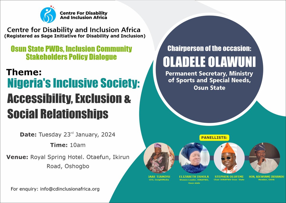 cforinclusion's tweet image. This conversation on #Includion  #PWDs rights  Policy in Osun state start  at Royal Spring Hotel, Otaefun, Ikirun Road, Oshogbo in less than 70 minutes  @adewumiadeyemii  @A11yAwareness  @JonapwdNg  @NcpwdOfficial  @DinabiNig  @DisPhilanthropy @UNOSAA1