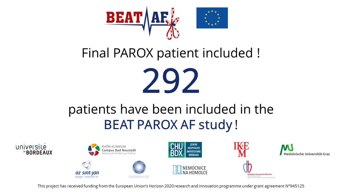 We are extremely happy to announce that the #BEATAF team has accomplished the great feat of including the #finalpatient in the #BEATPAROXAF arm of our clinical trial ! 292 patients now complete the #paroxsymalAF study @ihu_liryc @euhorizons