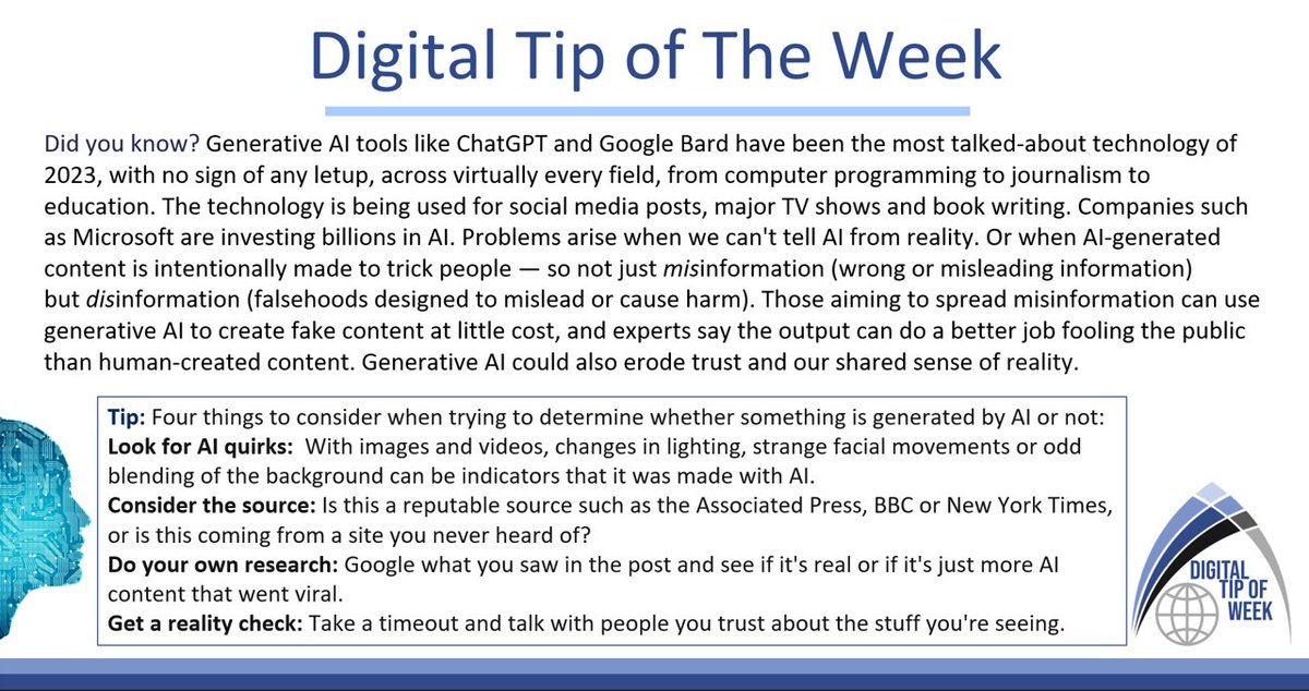 ComputingTac's tweet image. This week's 'Digital Tip of the Week' at TAC focuses on the power of AI and how to spot AI generated 'Fake News'. Can you spot the signs of AI generated content? 📰🖥️#TAC #DigitalTipofTheWeek #OnlineSafety