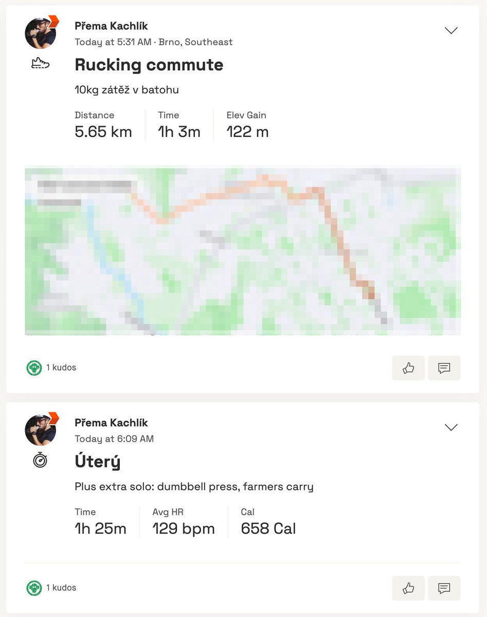 Je 8:30 ráno a já mám za sebou skoro dvě a půl hodiny středně až vysoce intenzivního pohybu.
1:25 v gymu
1:03 pěšky na cestě s 13kg batohem

#ZvysujZdatnost