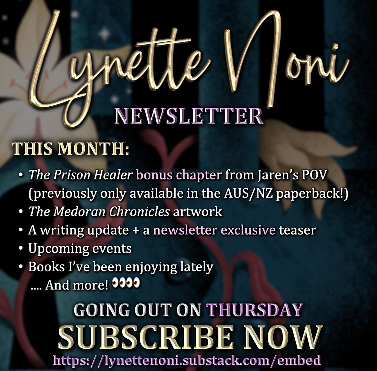 My next newsletter is going out THIS THURSDAY and it has sooooo much fun stuff in it (including Jaren’s bonus chapter from #ThePrisonHealer!!) so make sure you sign up in time to keep from missing out! Subscribe here: lynettenoni.substack.com/embed