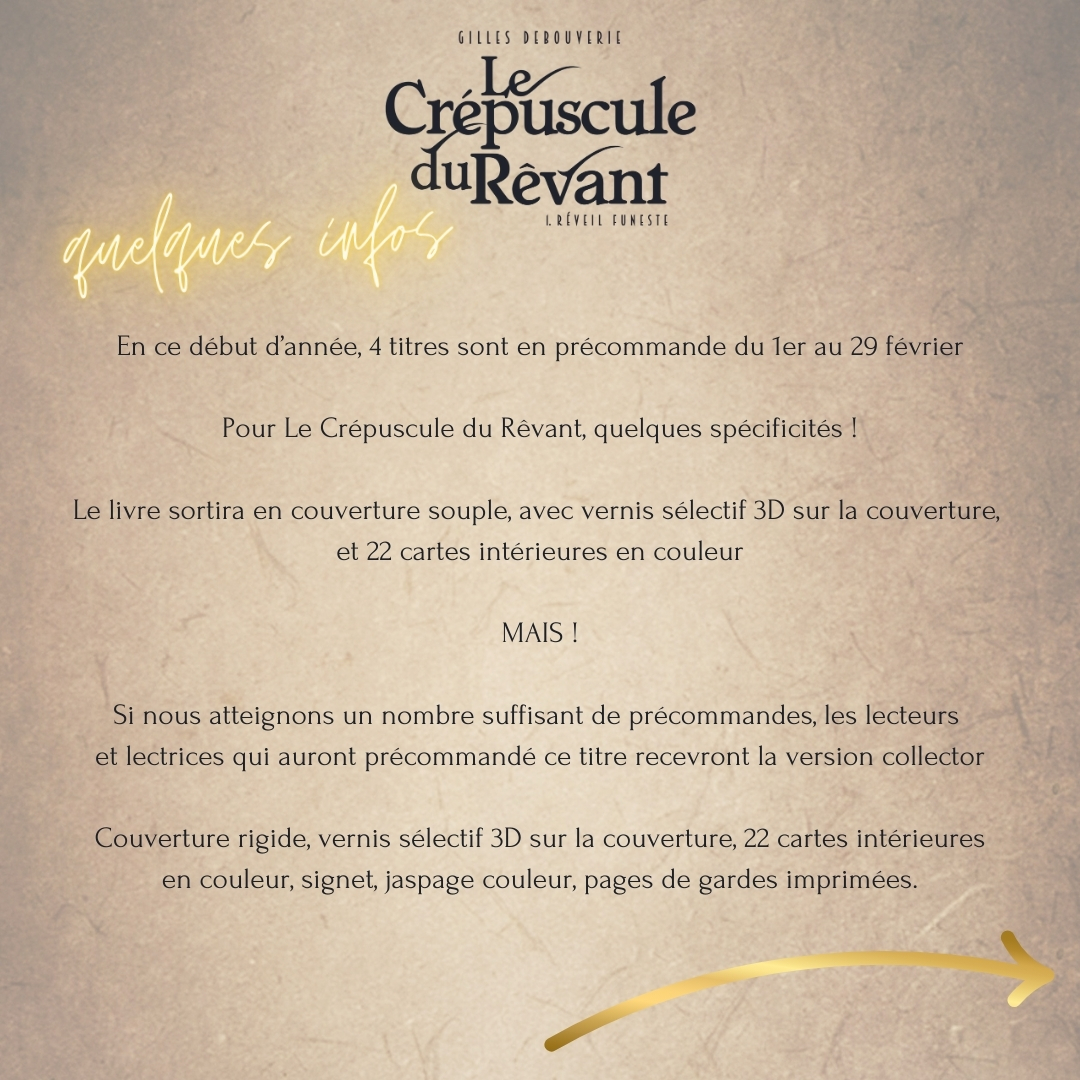 LivrS_Editions's tweet photo. En ce début d'année 2024, il va y avoir un petit changement dans nos précommandes, notamment pour le titre "Le Crépuscule du Rêvant", de Gilles Debouverie. 
On vous laisse découvrir ça en image !
#CrépusculeDuRêvant #GillesDebouverie #darkfantasy #saga #roman #fantasy #nouveauté https://t.co/Xss3J34C4U